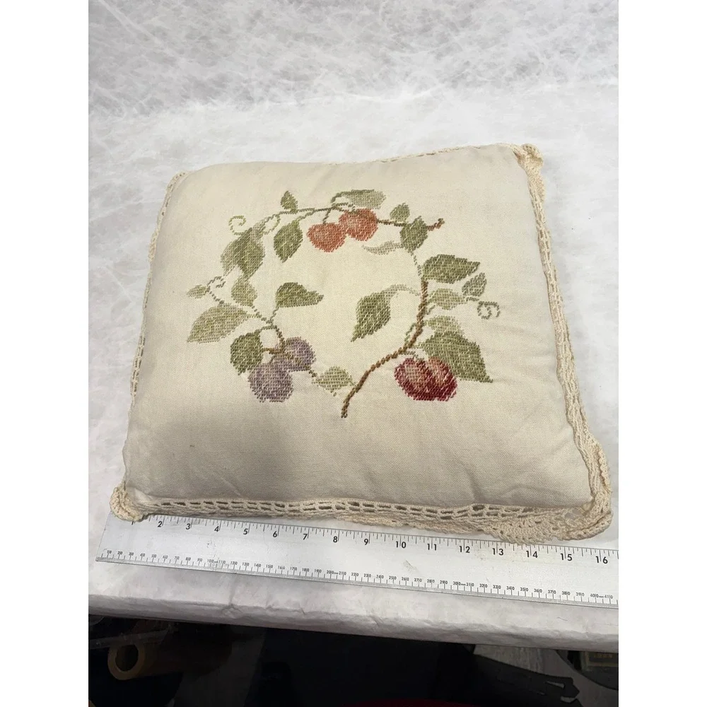 Vintage Cross Stitch Fruit Wreath Throw Pillow Lace Trim Cottagecore Cream 16x16